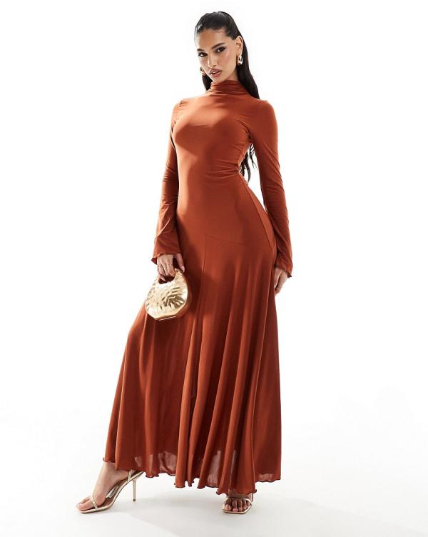 ASOS DESIGN high neck long sleeve a-line maxi dress in rust-Black
