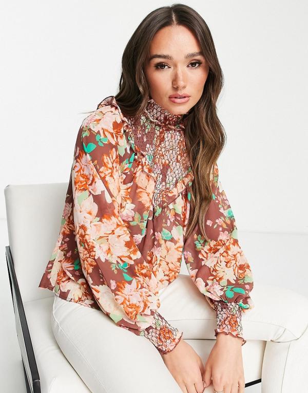 ASOS DESIGN high-neck shirred long sleeve blouse with frill detail in pink floral-Multi