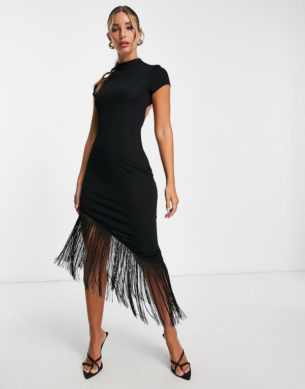 ASOS DESIGN high neck short sleeve midi dress with open back and fringing in black