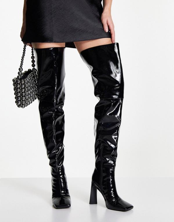 ASOS DESIGN Kensington high heeled square toe over the knee boots in black patent