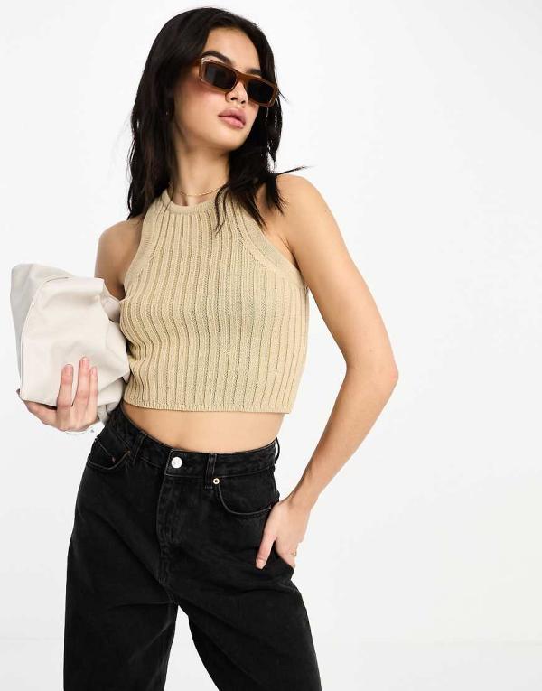 ASOS DESIGN knitted crop racer tank in chunky stitch in stone-Neutral