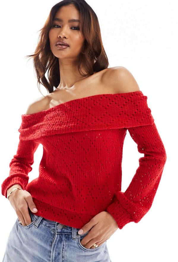 ASOS DESIGN knitted foldover slouchy bardot jumper in red