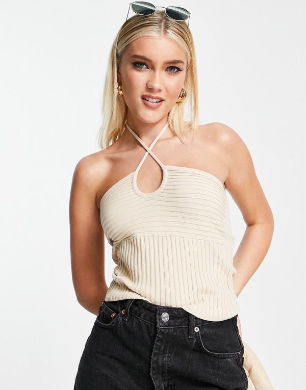 ASOS DESIGN knitted halterneck cami in mixed rib in camel-Neutral