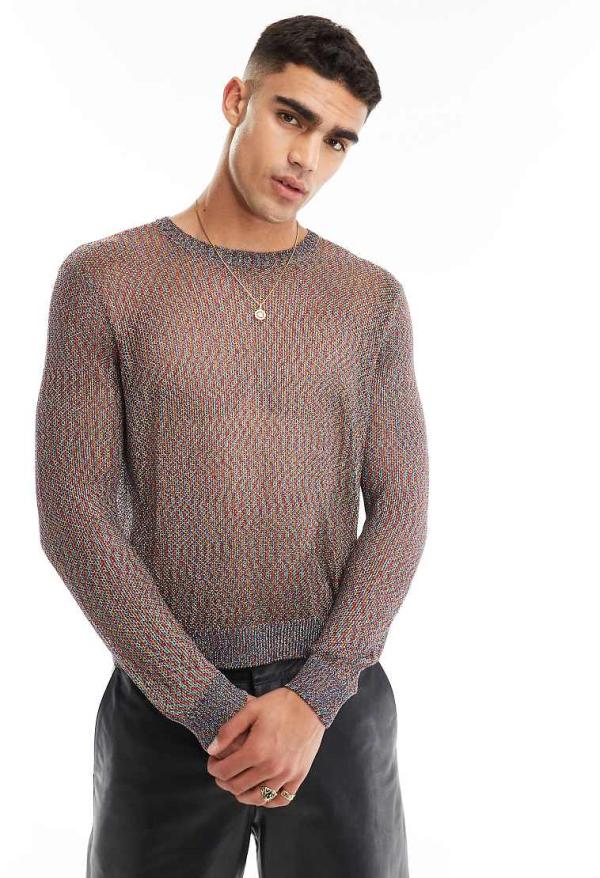 ASOS DESIGN knitted metallic mesh long sleeve jumper in multi