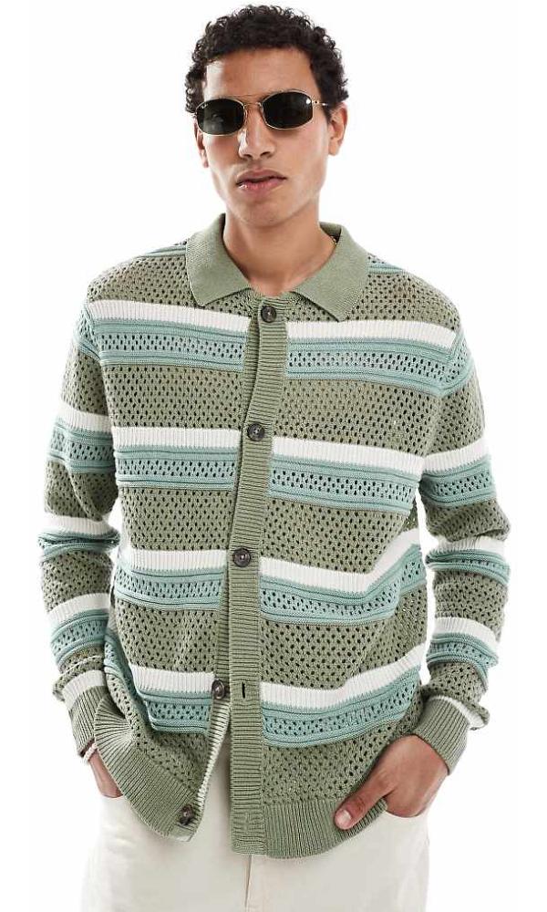 ASOS DESIGN knitted pointelle cardigan in green and white stripe