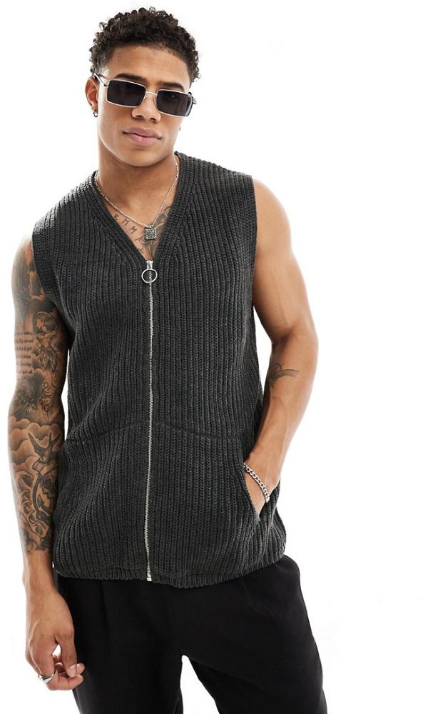ASOS DESIGN knitted relaxed fisherman rib tank with zip in charcoal-Grey