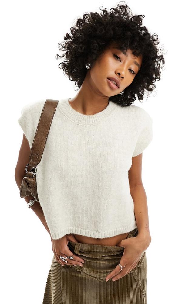 ASOS DESIGN knitted tank top with shoulder pads in cream-White