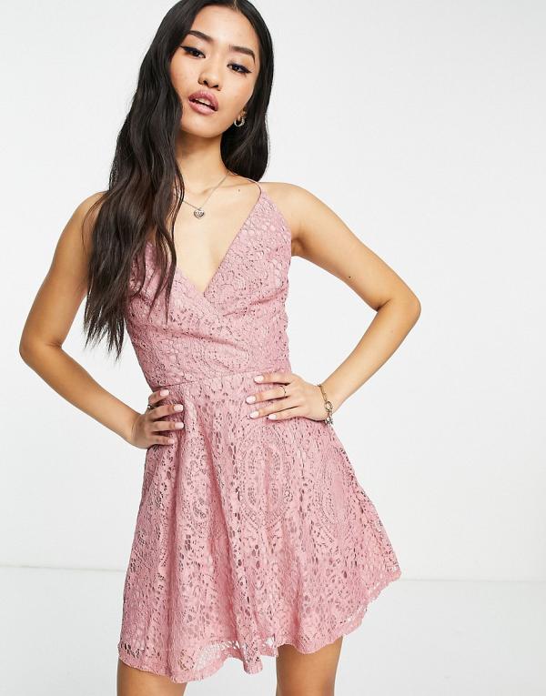 ASOS DESIGN lace prom mini dress with lace up back-Pink