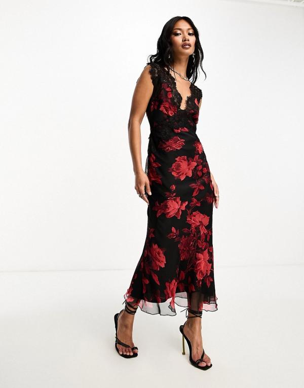 ASOS DESIGN lace trim midi dress with open back detail in black floral print-Multi
