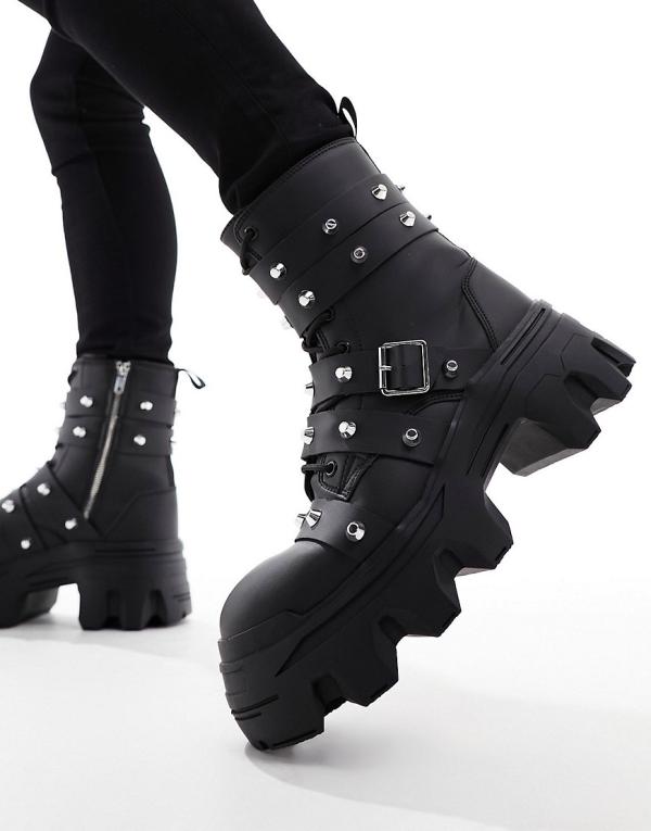 ASOS DESIGN lace up boots with chunky sole and studded strapping in black faux leather