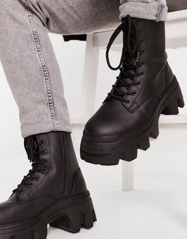 ASOS DESIGN lace up calf boots with chunky sole in black faux leather