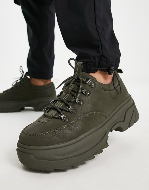 ASOS DESIGN lace up shoes in khaki faux suede with chunky sole-Green