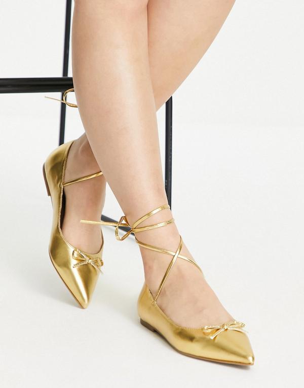 ASOS DESIGN Lassie tie leg ballet flats in gold metallic