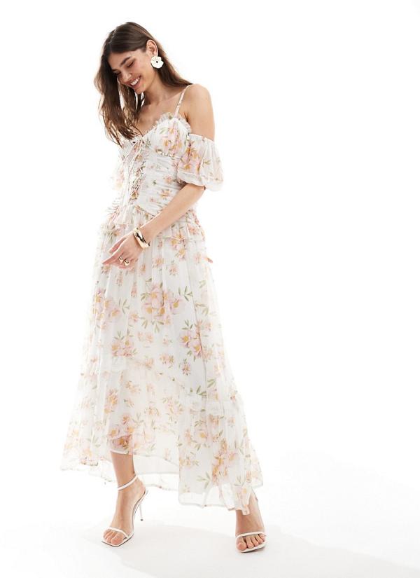 ASOS DESIGN lattice bodice bardot sleeve frill midi dress in floral print-Multi