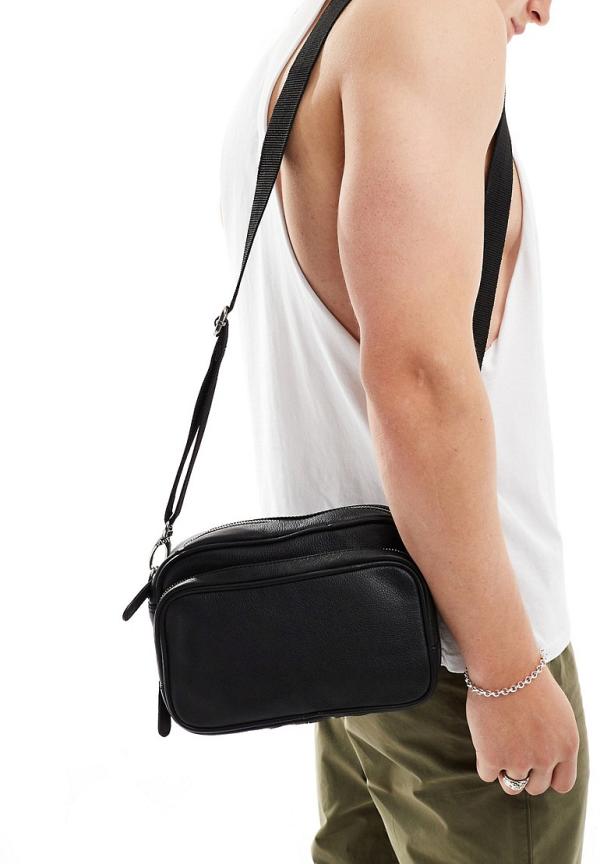 ASOS DESIGN leather crossbody bag with zip pockets in black