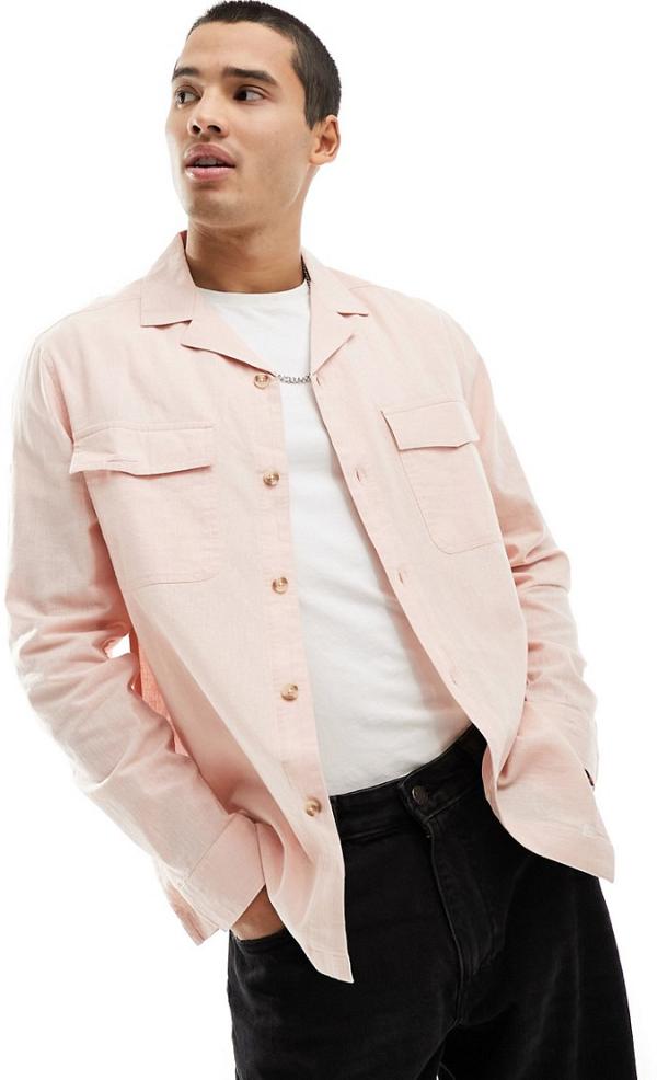 ASOS DESIGN linen blend revere collar overshirt with double pockets in light pink