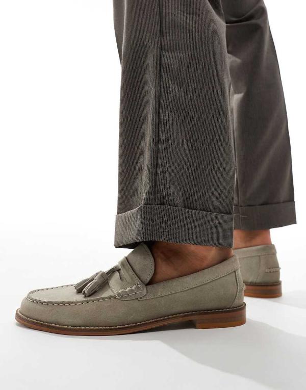 ASOS DESIGN loafers in stone suede with tassel and natural sole-Neutral