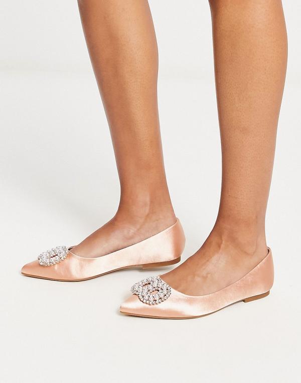 ASOS DESIGN Lola faux pearl embellished pointed ballet flats in blush satin-Neutral