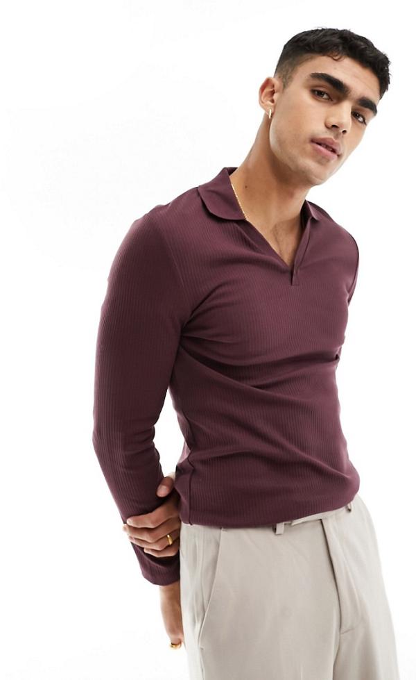 ASOS DESIGN long sleeve muscle fit rib revere polo shirt in burgundy-Red