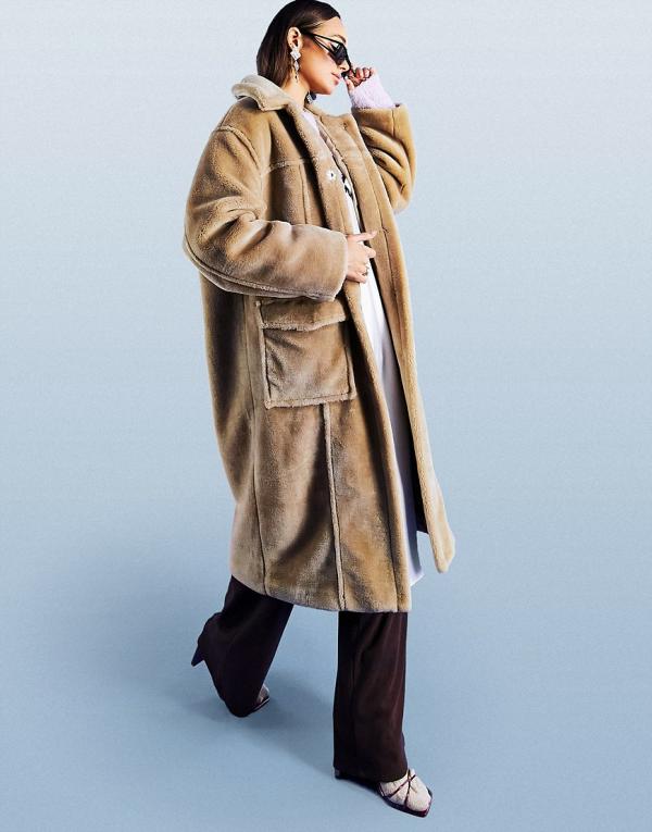 ASOS DESIGN longline plush faux fur coat in camel-Neutral