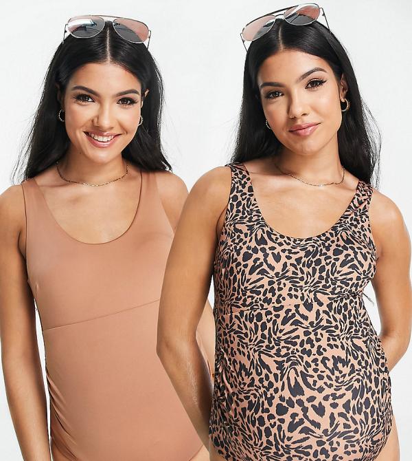 ASOS DESIGN Maternity 2 pack scoop neck swimsuit in animal print and brown-Multi