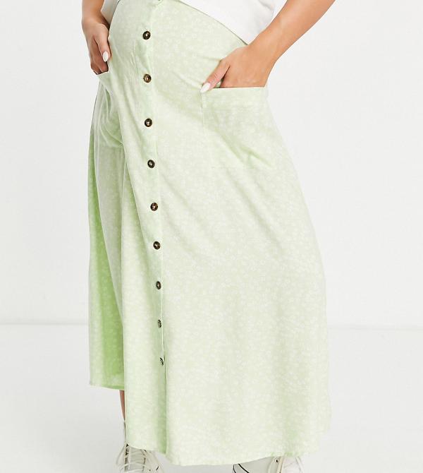 ASOS DESIGN Maternity button through pocket midi skirt in sage green ditsy floral-Multi