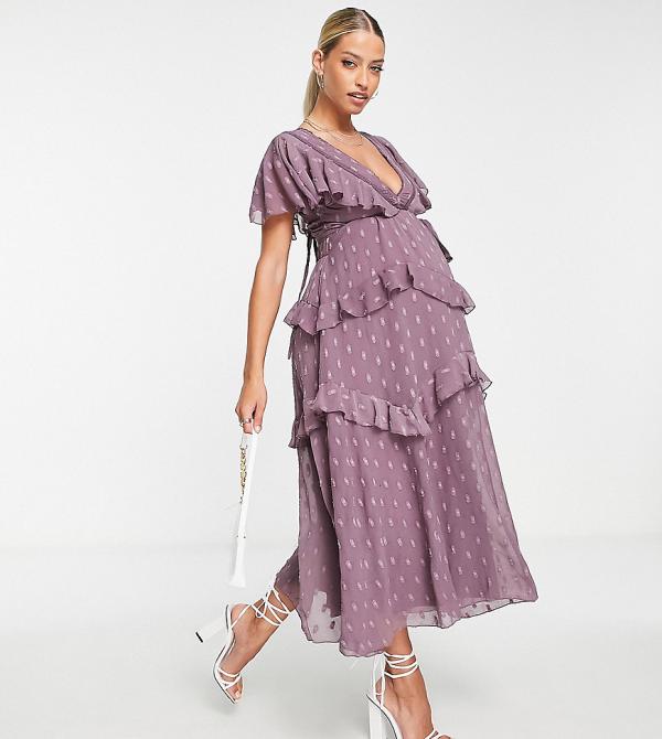 ASOS DESIGN Maternity dobby tiered midi dress with lace insert and open back in mauve-Purple