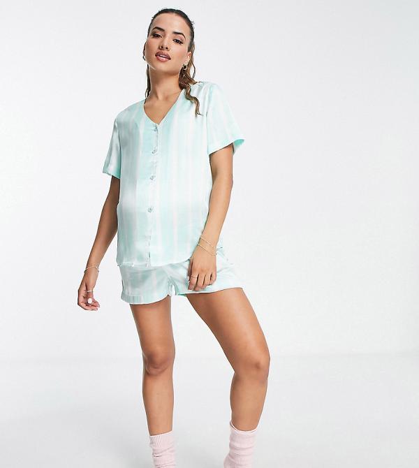 ASOS DESIGN Maternity exclusive satin stripe shirt & shorts pyjama set in mint-Green