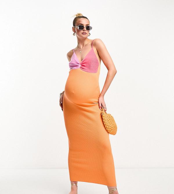 ASOS DESIGN Maternity knitted maxi dress with twist front in colour block in pink & orange