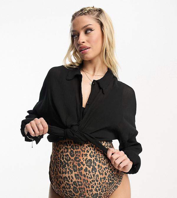 ASOS DESIGN Maternity mix and match rib ruched high waist bikini bottoms in leopard print-Multi