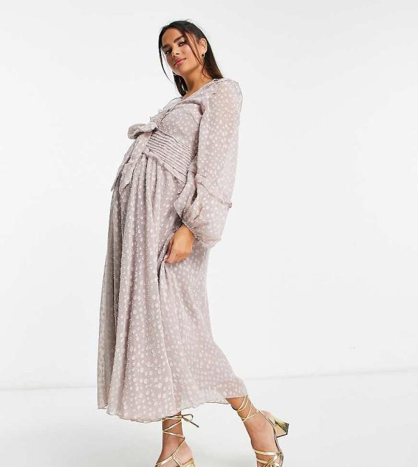 ASOS DESIGN Maternity pleat detail midi dress in jacquard satin spot with tie detail in lilac-Purple