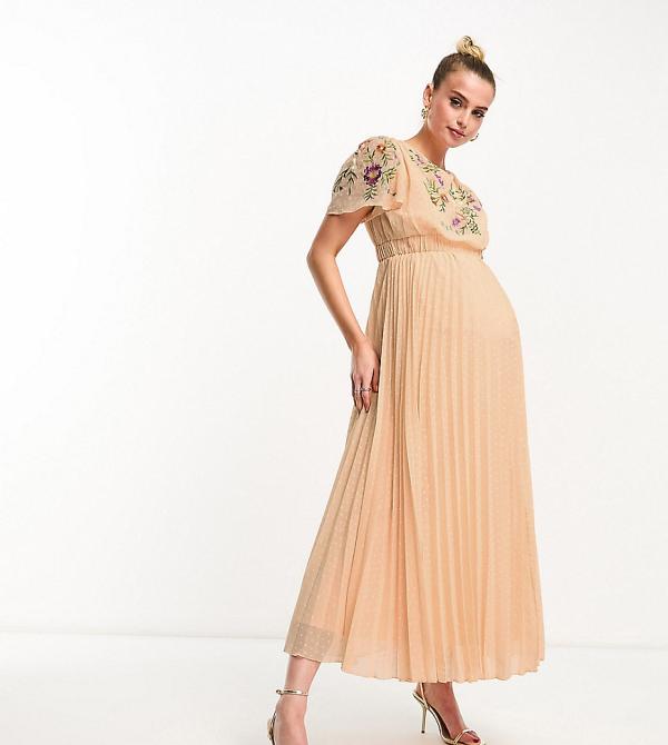 ASOS DESIGN Maternity pleated dobby cowl front embroidered maxi dress with belt in coral-Orange
