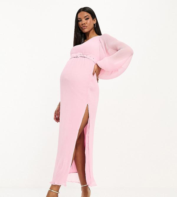 ASOS DESIGN Maternity plisse one shoulder midi dress with belt in light pink
