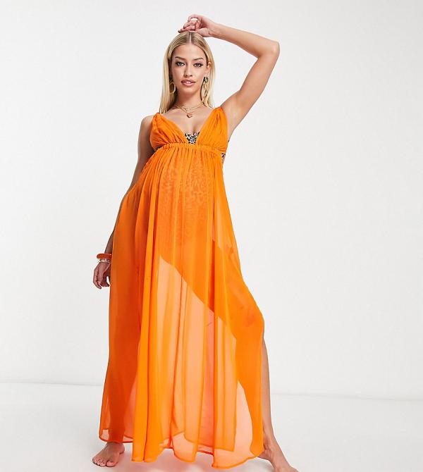 ASOS DESIGN Maternity plunge sheer maxi beach dress with rope detail in orange