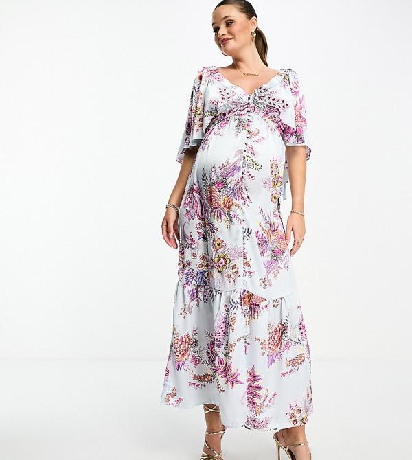 ASOS DESIGN Maternity satin flutter sleeve v-neck maxi dress with tier hem in paisley print-Multi