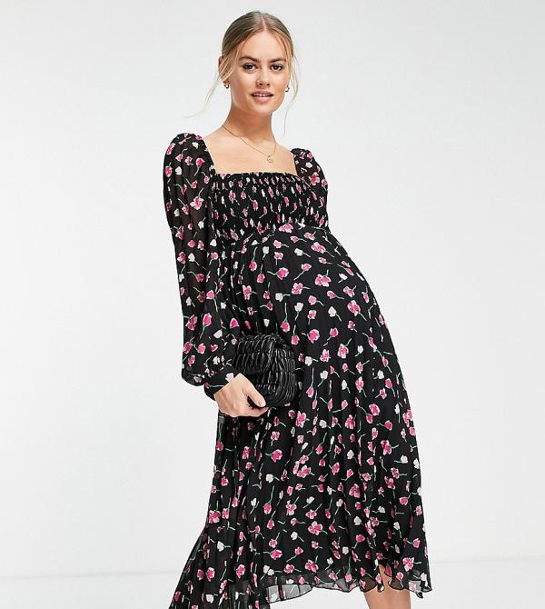 ASOS DESIGN Maternity square-neck pleated midi dress in floral print-Multi