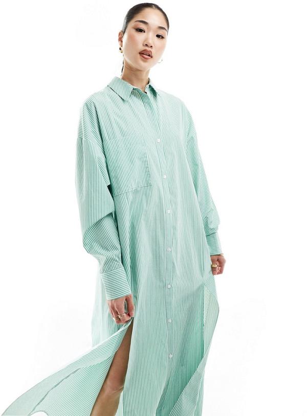 ASOS DESIGN maxi shirt dress with high double split in green & white stripe-Multi