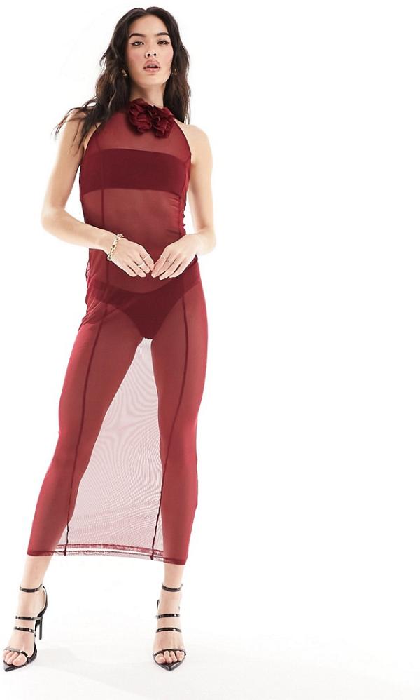 ASOS DESIGN mesh sleeveless maxi dress with corsage in oxblood-Red