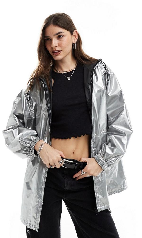 ASOS DESIGN metallic rain bomber jacket in silver