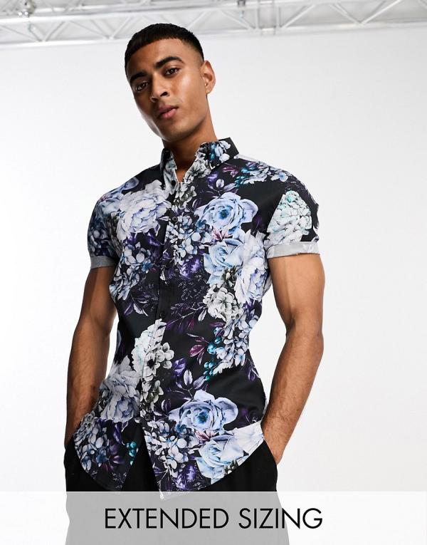 ASOS DESIGN 'Michael' stretch skinny shirt in black and purple floral print