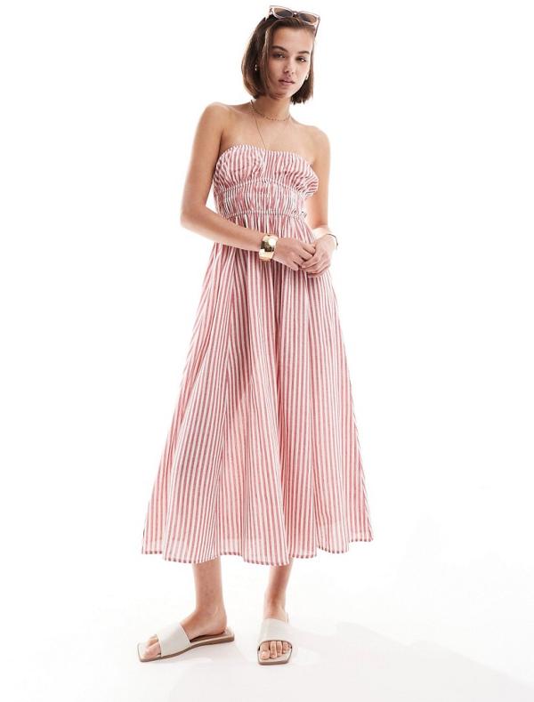 ASOS DESIGN midi linen look bandeau sundress with ruched bust detail in red stripe-Multi