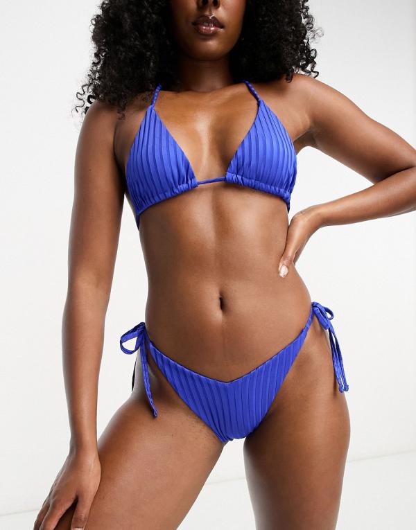 ASOS DESIGN mix and match rib tie side v bikini bottoms in cobalt blue