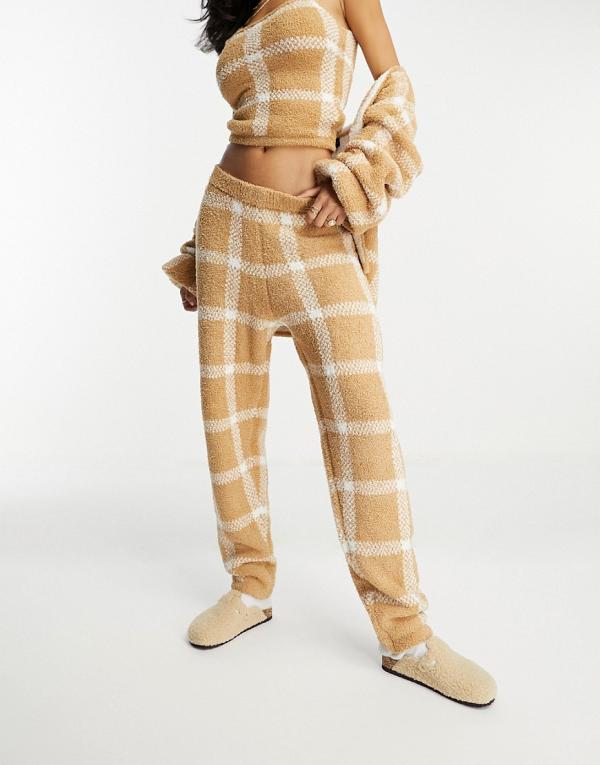 ASOS DESIGN Mix & Match lounge check fluffy sock pants in camel-Neutral