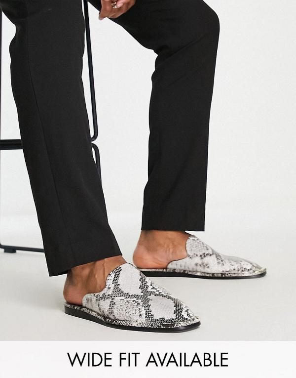 ASOS DESIGN mule loafers in snake print leather with metal toe detail-Neutral