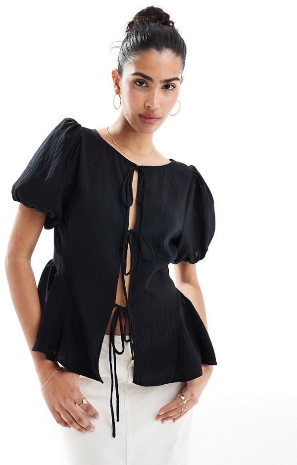 ASOS DESIGN multi-functional puff sleeve blouse in black-White