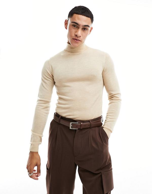 ASOS DESIGN muscle fit knitted merino wool roll neck jumper in stone-Neutral