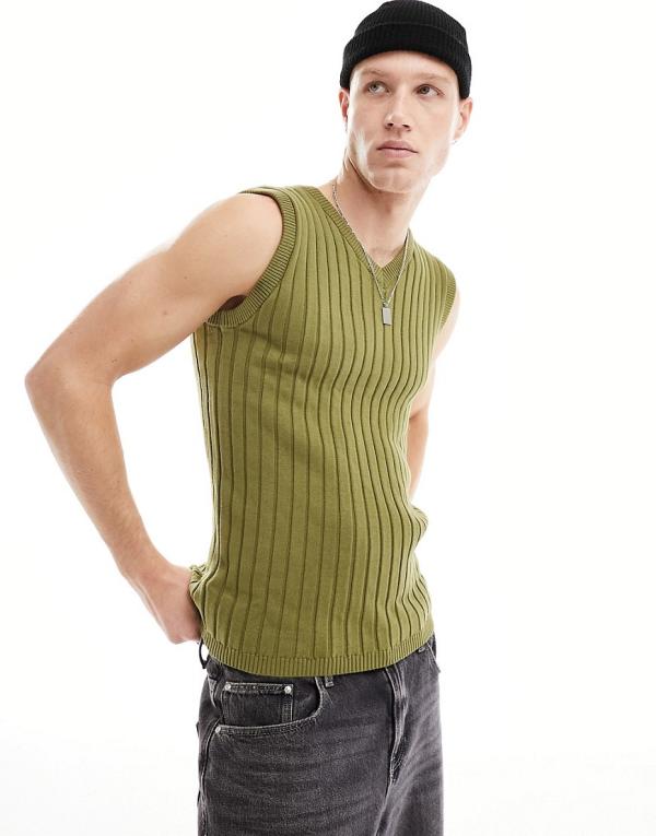 ASOS DESIGN muscle fit knitted rib V neck singlet in khaki-Green