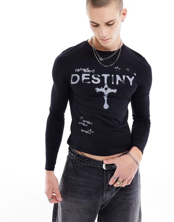 ASOS DESIGN muscle fit long sleeve t-shirt with 'destiny' chest print in black