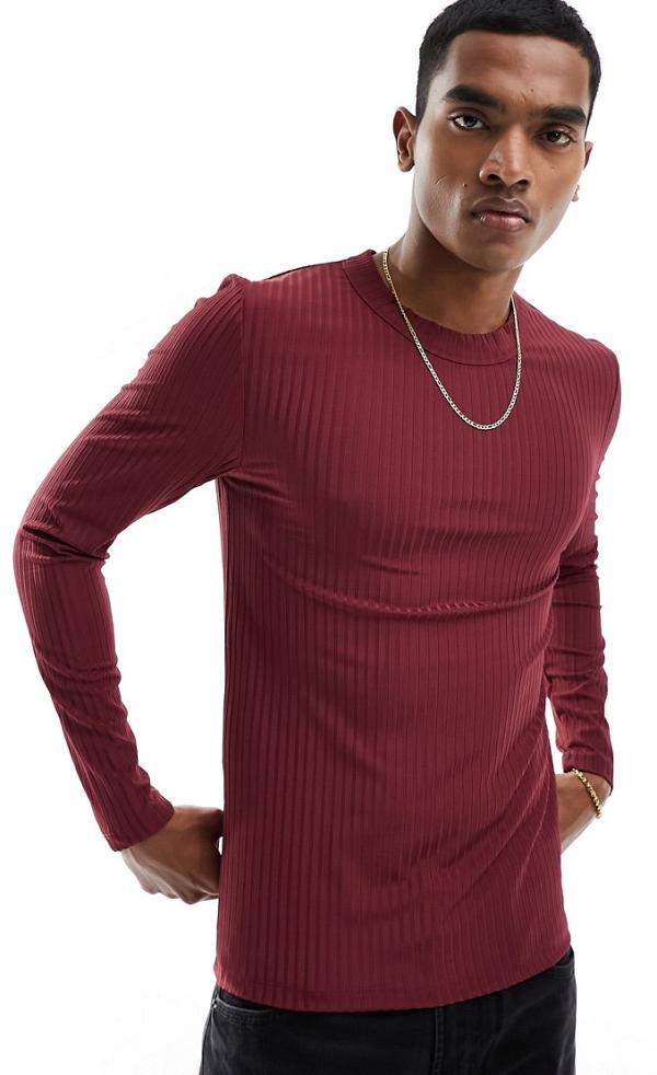 ASOS DESIGN muscle fit long sleeved t-shirt in burgundy with rib detail-Red