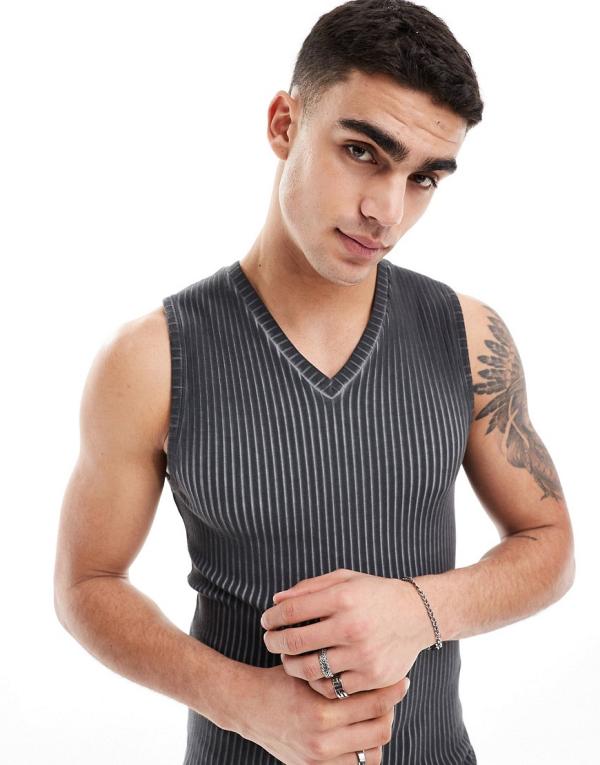 ASOS DESIGN muscle fit tank singlet in ribbed charcoal oil wash-Green
